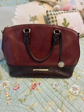 Brahmin Wine and Dark Brown Leather Satchel with Croc-Embossed Trim